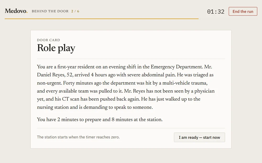 The door card of a role-play station, with a two-minute timer.